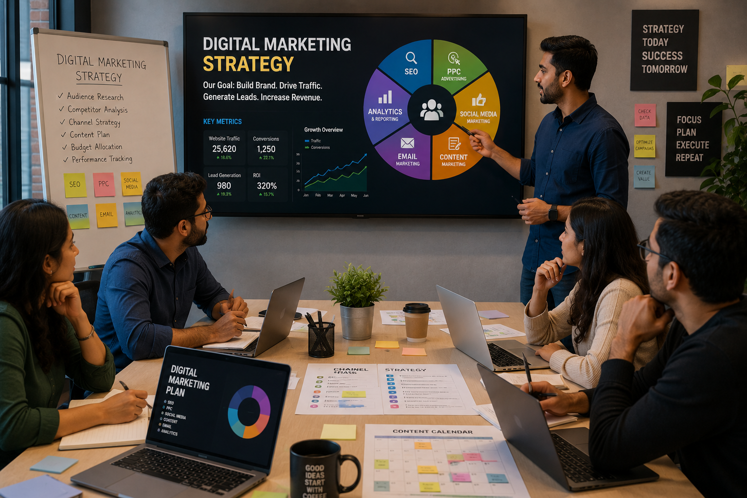 Digital marketing team working on client SEO and social media campaigns