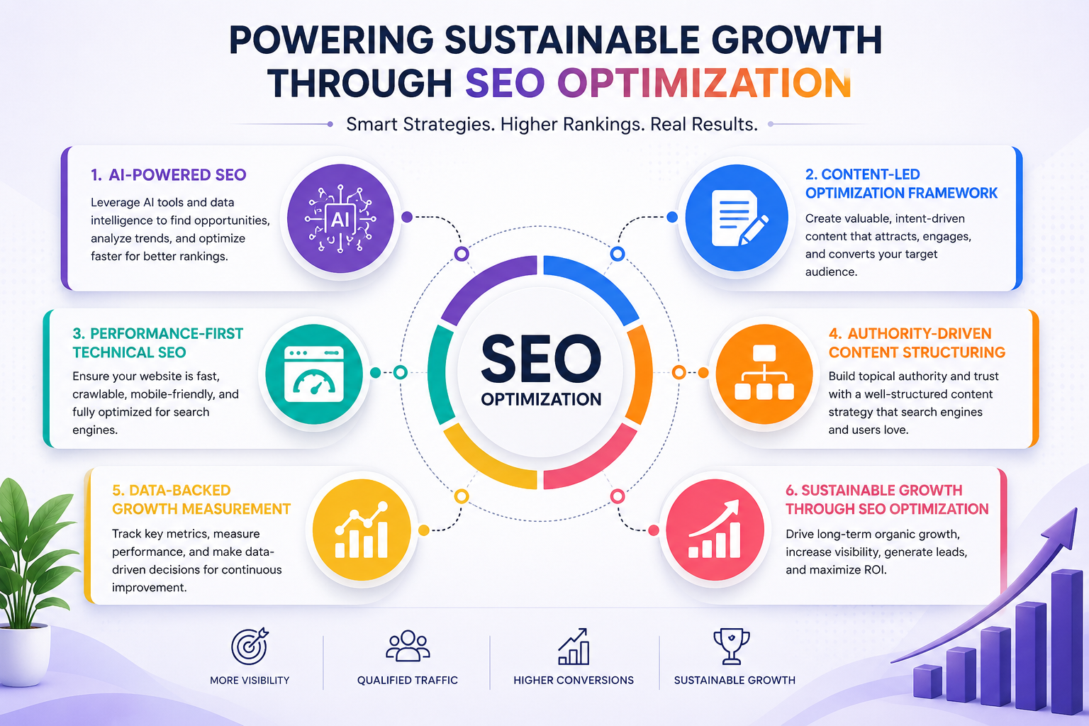 Rank Spiders 4-pillar SEO optimization framework — AI-powered SEO, content-led optimization, performance-first technical SEO, and data-backed growth measurement for digital marketing services India